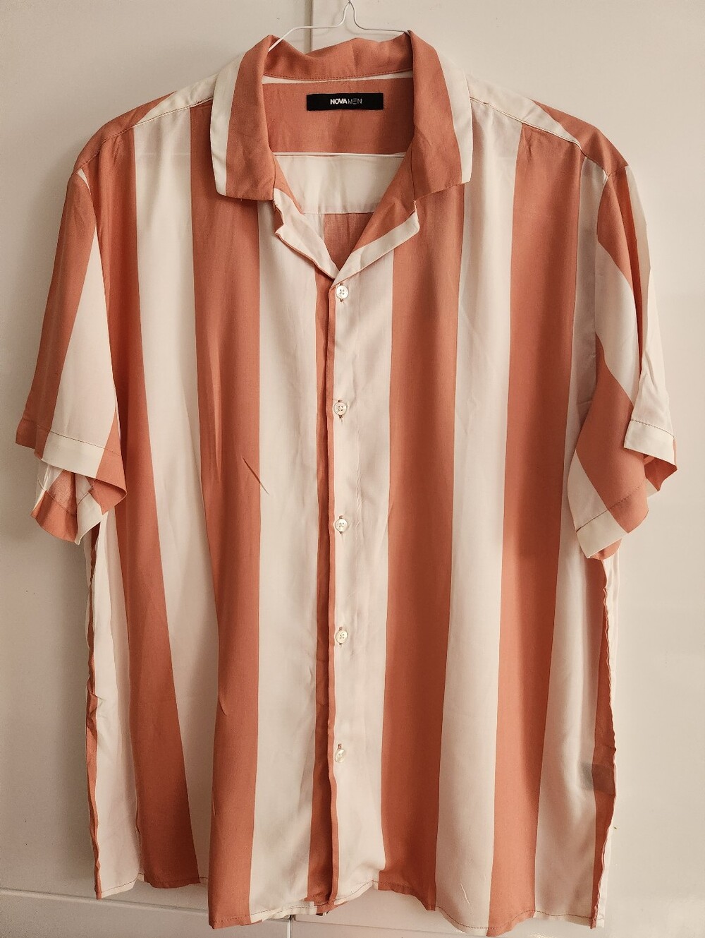 Fashion Nova Mauve and White Vertical Stripe Short-Sleeve Button-Up